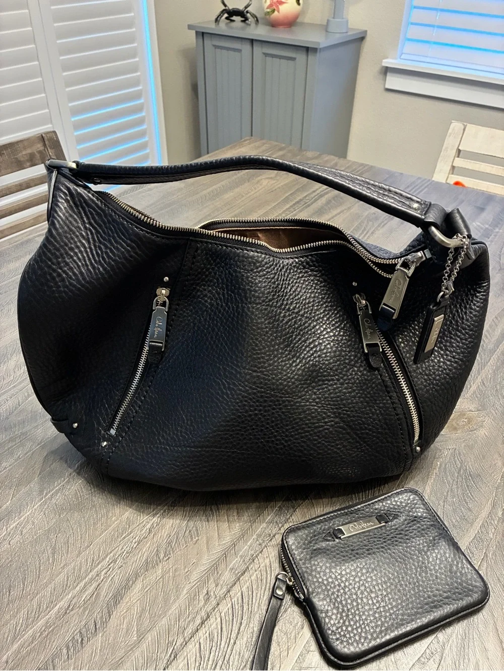 Cole Haan Pebbled Leather Hobo Shoulder Bag with Wrist Wallet - Black